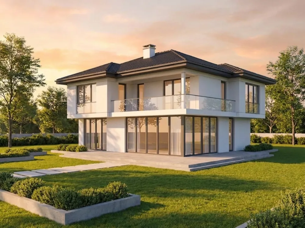 Aynı villanın gün batımı ışığında fotogerçekçi render'ı