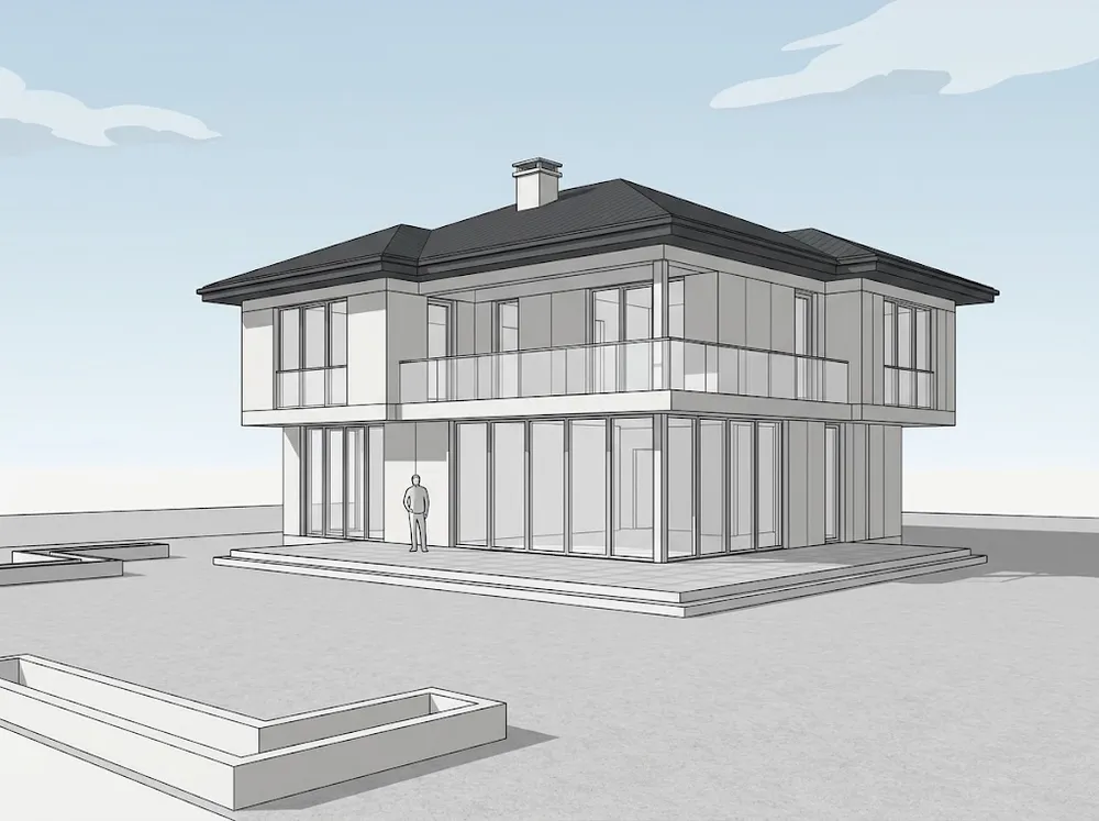 İki katlı villanın gri model görüntüsü