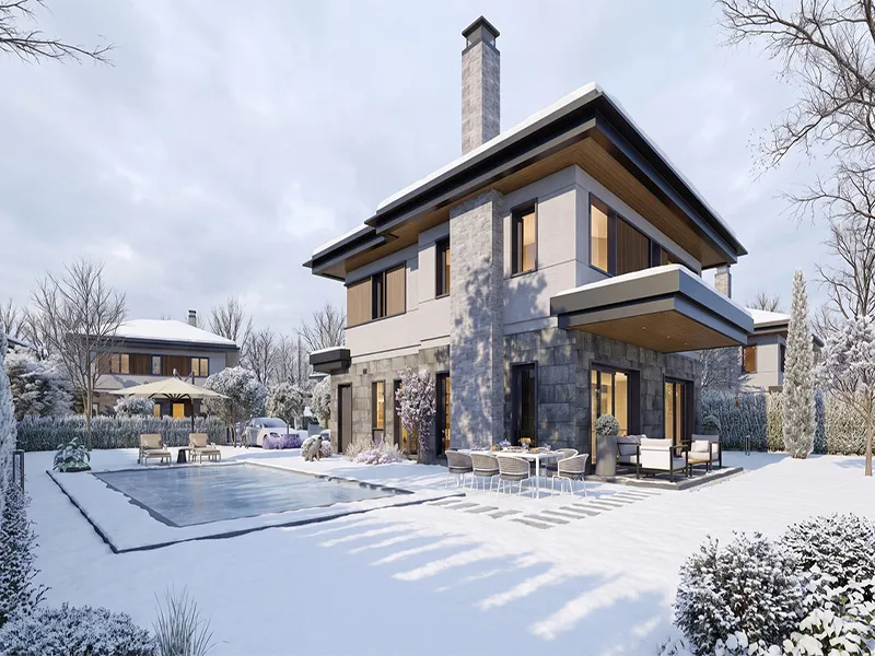 Taş cepheli evin karlı kış render'ı