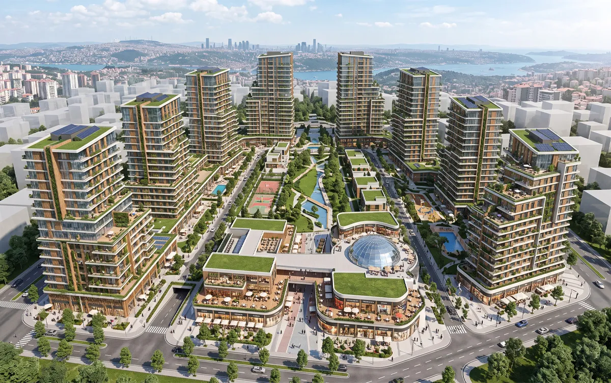 Karma kullanımlı konut kompleksinin kuş bakışı render'ı
