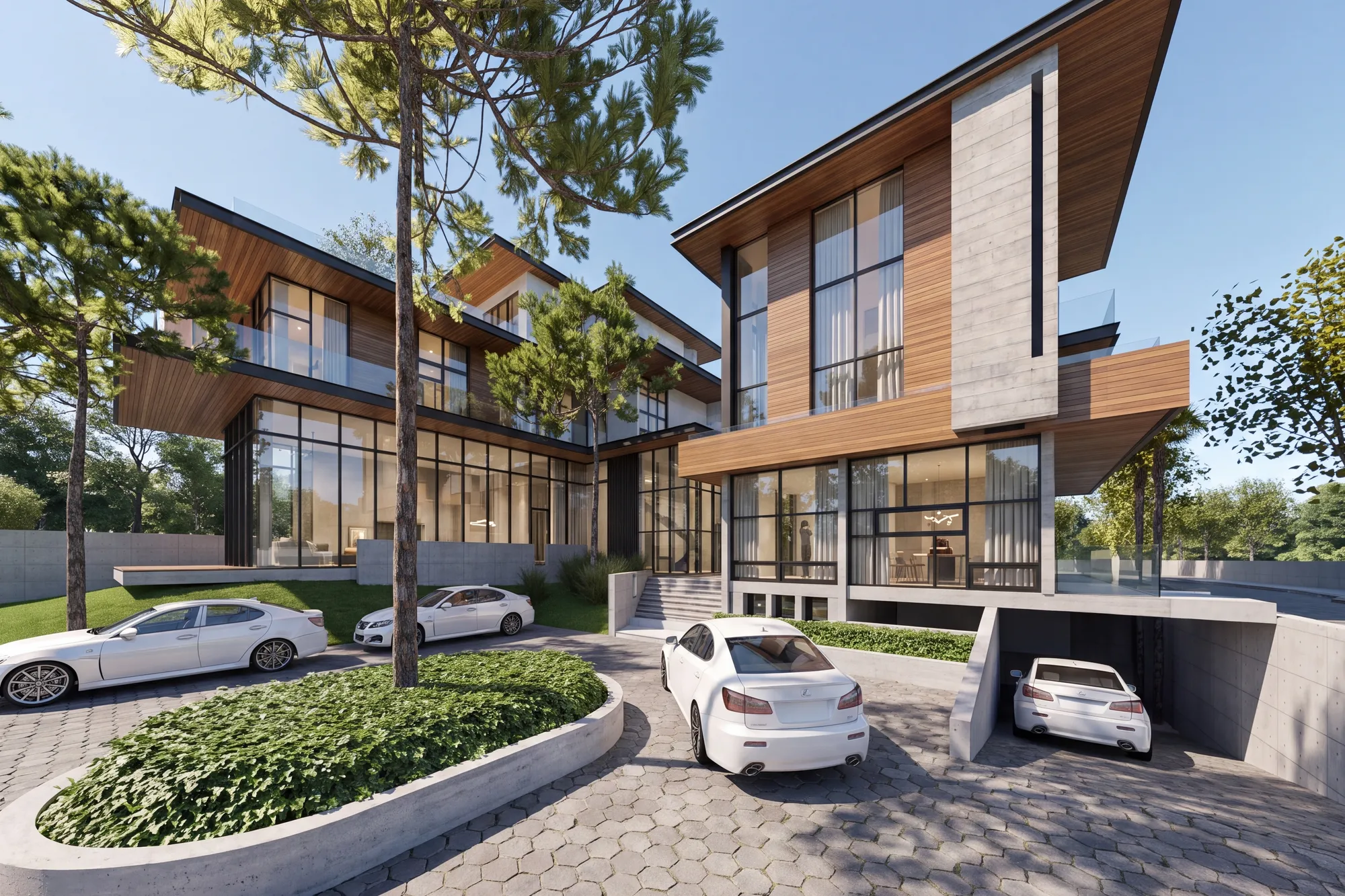 Ahşap ve beton cepheli iki katlı konutun fotogerçekçi render'ı