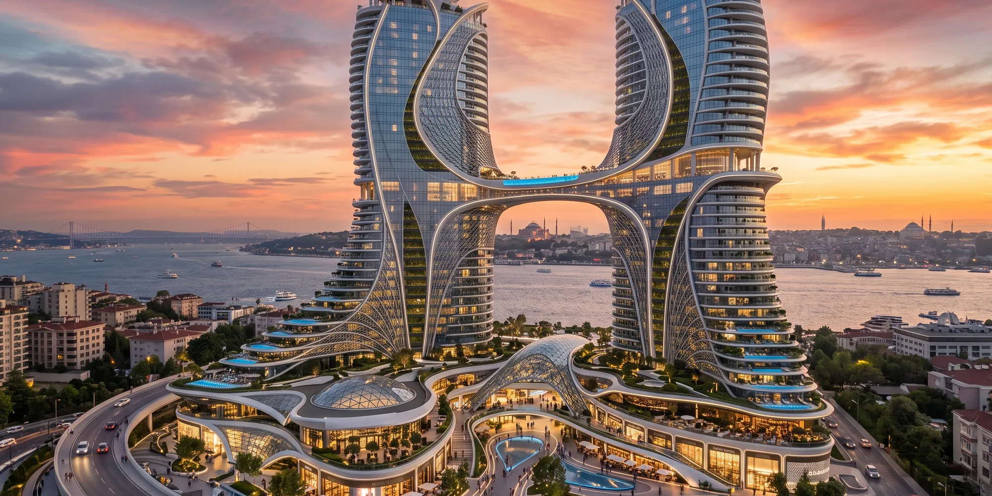 Gün batımında deniz kıyısında iki kuleli karma kullanımlı yapının render'ı